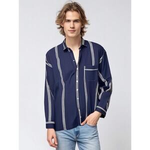 Vintage Ralph Lauren Men's Medium Blue White Striped Long Sleeve Button-Up Shirt